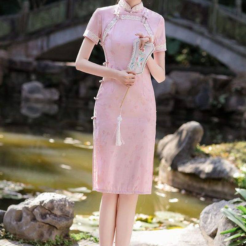 2024春夏新款年轻复古蚀骨美丽修身显瘦中长款花边提花短袖旗袍裙