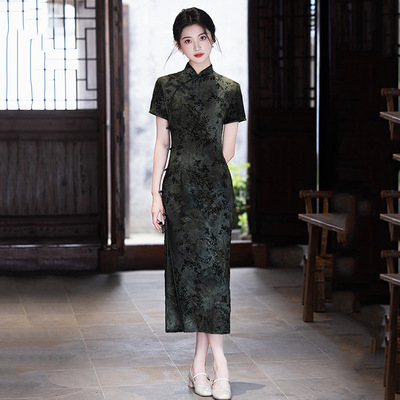 水墨色国风长款苏州旗袍改良年轻款2025新款女新中式复古短袖