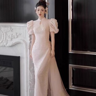 旗袍敬酒服新娘夏季小个子粉色改良回门新中式订婚连衣裙结婚