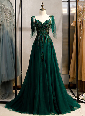 宴会晚礼服2004新款小拖尾优雅派对聚会洋装墨绿色晚礼服