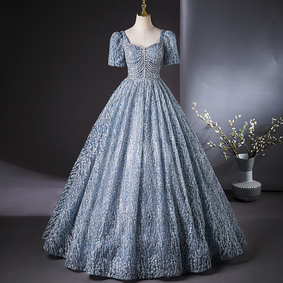宴会晚礼服2025春季新款蓝灰色重工蓬蓬裙年会艺考超仙演出礼服