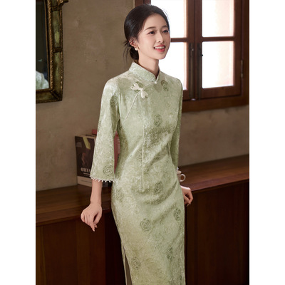 复古改良旗袍2025新款秋季长袖丝绒感青色绝美日常可穿连衣裙