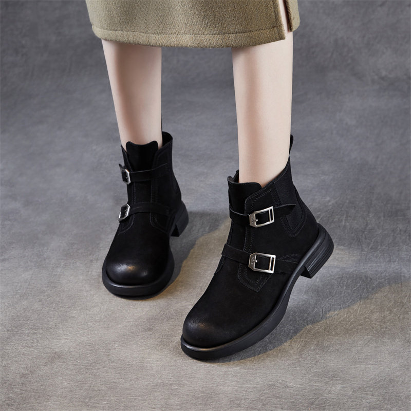 复古皮带扣中跟马丁靴女25秋冬头层牛皮切尔西靴磨砂皮机车短靴子