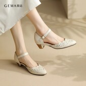 皮鞋 真皮旗袍鞋 女鞋 女舒适软底镂空低跟复古玛丽珍单鞋 歌迈 子凉鞋