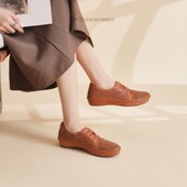 皮鞋 歌迈女鞋 女 一脚蹬真皮复古休闲鞋 夏季 凉鞋 宽楦舒适软底旅游鞋