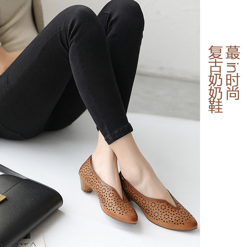 西班牙女鞋真皮奶奶鞋镂空软皮软底复古妈妈鞋皮鞋舒适小跟单鞋女