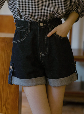 爱爱丸 卷边黑色牛仔短裤女高腰水洗复古挺括质感洋气减龄甜酷