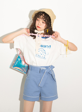 浅色蝴蝶结短裤女学院风学生宽松直筒水蓝色热裤