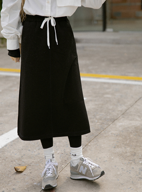 爱爱丸 抽绳松紧腰后开叉针织半身裙长款黑色加厚直筒减龄春秋