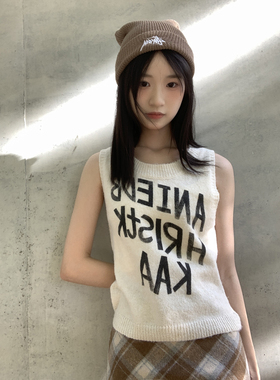 简约休闲韩风 圆领字母印花针织背心 毛线马甲