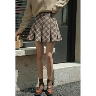 爱爱丸 格纹工字压褶半身裙短款高腰黑色/咖色复古学院风减龄甜美