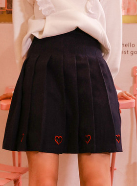 黑色百褶半身裙短款爱心印花高腰显瘦a字学院风