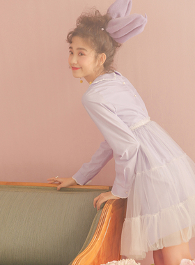 甜美花瓣娃娃领中长款衬衣裙高腰长袖蓝色连衣裙