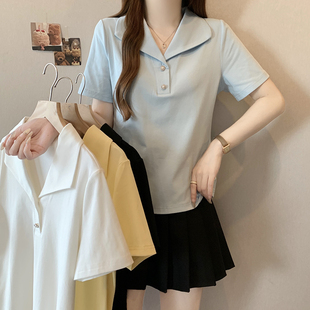 女時尚 2025夏裝 胖mm大碼 簡約翻領(lǐng)正肩顯瘦短袖 新款 T恤