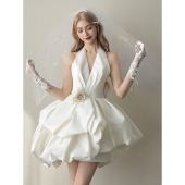 挂脖白色生日甜美成人礼服裙订婚宴会气质法式 出门纱轻婚纱 短款