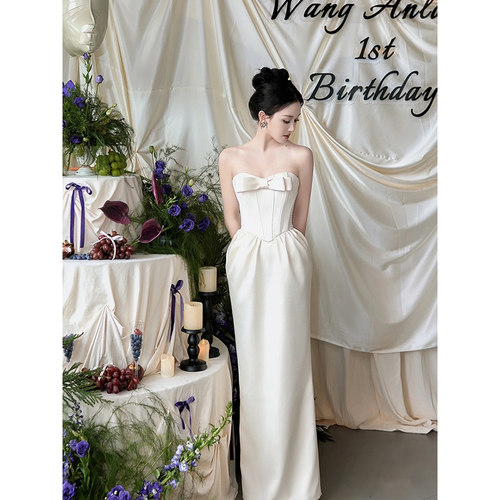 订婚礼服抹胸法式绝美超仙小个子轻婚纱高级感缎面成人礼宴会礼服