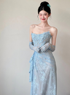 简约修身蕾丝迎宾出门纱小众气质高级感新娘订婚宴会蓝色礼服裙