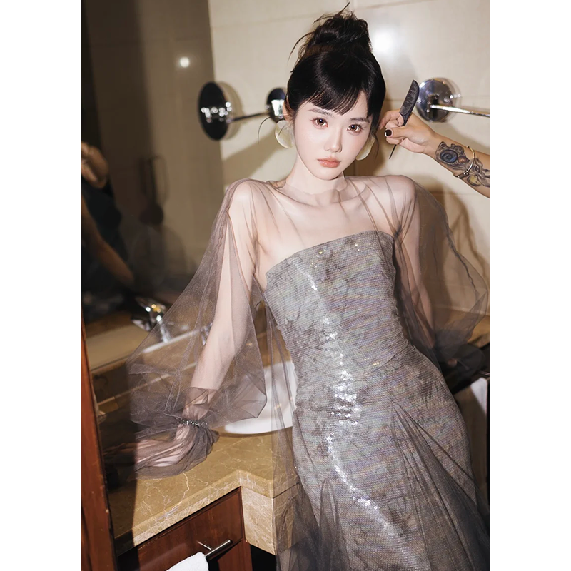 法式高级感轻婚纱小众亮片气质晨袍新娘敬酒服迎宾出门纱礼服裙