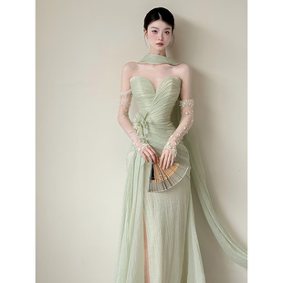 抹胸法式 新娘晨袍女森系轻奢小众订婚宴会礼服裙绝美超仙出门纱