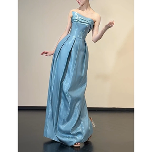 法式轻奢高级感抹胸蓝色长裙女气质清新晚礼服年会聚会生日礼服裙