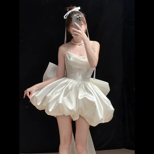 法式甜美小礼服抹胸缎面短款蓬蓬裙生日成人礼宴会订婚高级感礼服