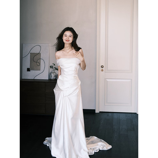 法式 高级感简约缎面轻婚纱出门纱一字肩气质新娘超仙迎宾礼服裙