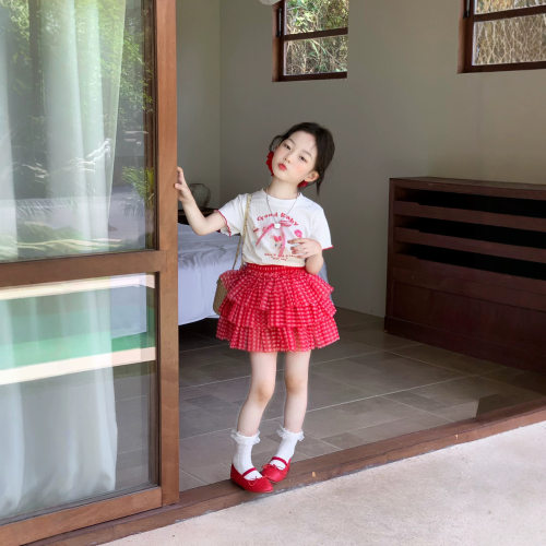 甜美儿童粉色格子蛋糕裙女童防走光半身裙可爱短袖套装