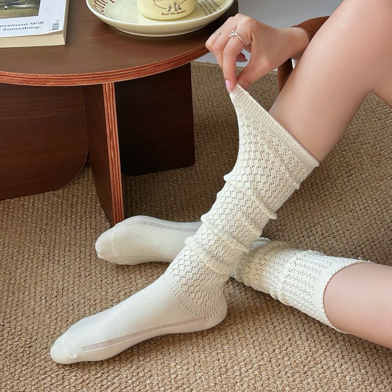 miu系米色镂空网眼小腿袜子女日系拼接针织粗线高腰堆堆袜配短靴