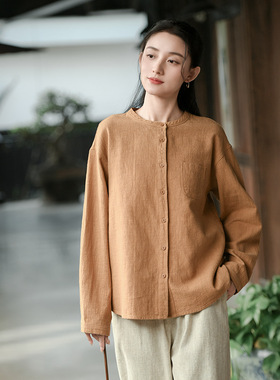 芬妮小姐苎麻棉纯色衬衫 2026春季新款简约小口袋圆领单排扣衬衣