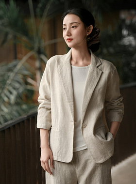 芬妮小姐棉麻纯色西装 2026春季新款苎麻新中式百搭V领长袖短外套