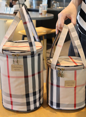 可爱卡通防水牛津布经典格纹格子保温圆桶圆形饭盒包便当包