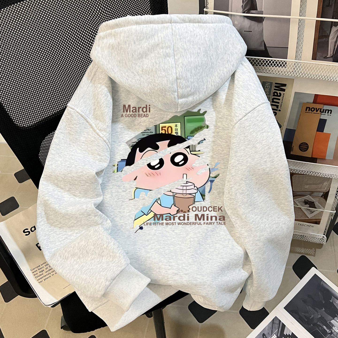 Mardi日系卡通蜡笔小新连帽卫衣男女秋加绒加厚重磅纯棉宽松百搭