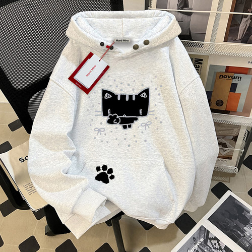 宽松型加绒套头灰色纯棉毛线圈