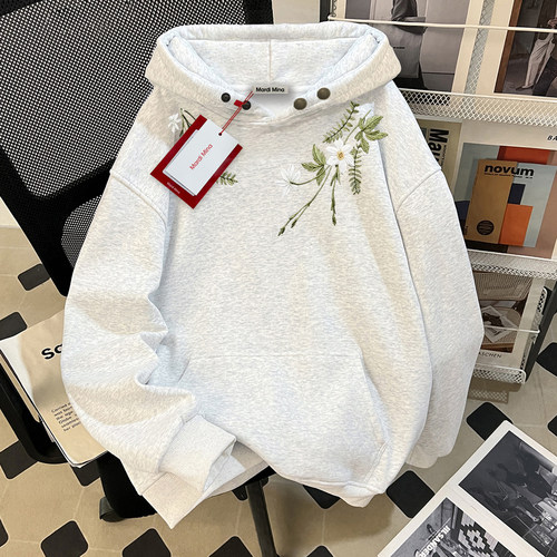 mardi仿刺绣花卉连帽秋冬加绒加厚卫衣男女款宽松套头带重磅纯棉