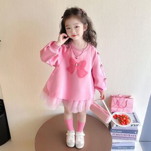 女小童春秋2026新款蝴蝶结连衣裙洋气公主裙女宝宝春装粉色卫衣裙