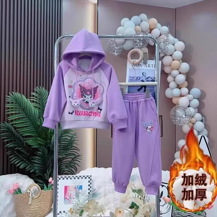 女童秋冬卫衣女孩加绒儿童2025新款两件套冬季加绒亮片卡通套装潮