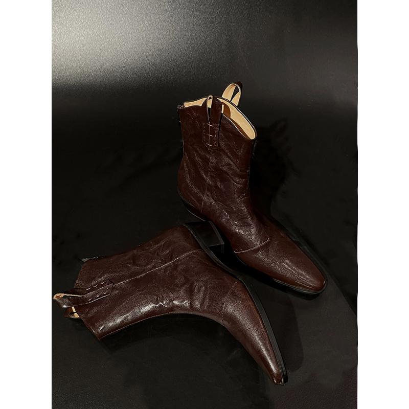 褶皱纹西部靴女中筒牛仔靴