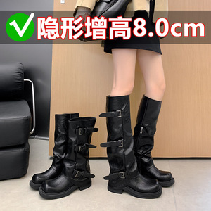 增高8cm~款皮带扣方圆头褶皱中筒骑士西部褶皱堆堆裤管女靴