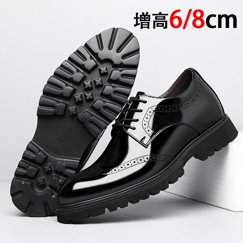 内增高皮鞋男款8cm头层牛皮布洛克雕花漆皮商务正装鞋演出上班鞋