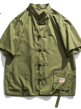 立体口袋 无梦记中国风男夏季盘扣短袖衬衫日系宽松情侣立领开衫