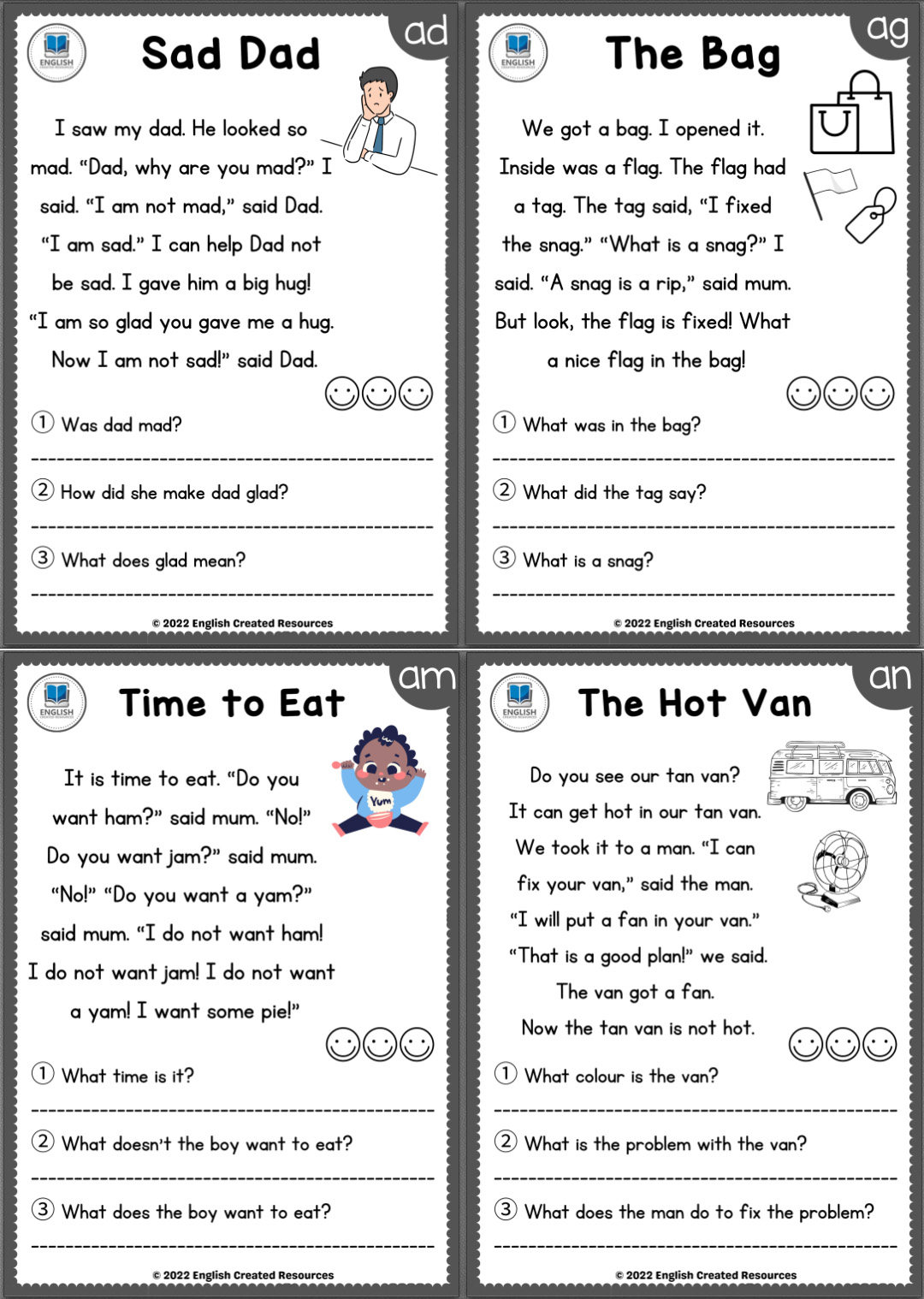 幼儿英语自然拼读常见规则phonics小短文儿童阅读理解教材作业纸