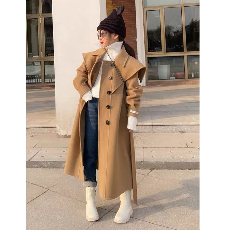 女童呢大衣长款外套洋气双排扣风衣2024秋冬新款中大童双面呢大衣
