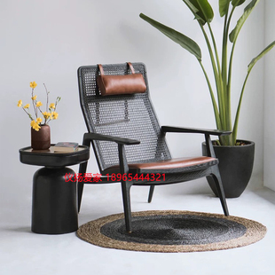 北欧实木藤编沙发椅中古风复古会所民宿酒店躺椅阳台单人休闲椅