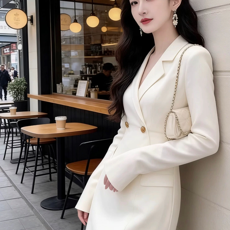 小香风白色西装连衣裙女春秋新款名媛气质女装法式职业通勤长裙子