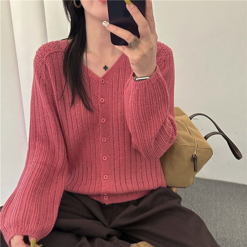 镂空钉珠亮片V领珍贝绒针织开衫女秋季新款宽松百搭毛衣外套上衣