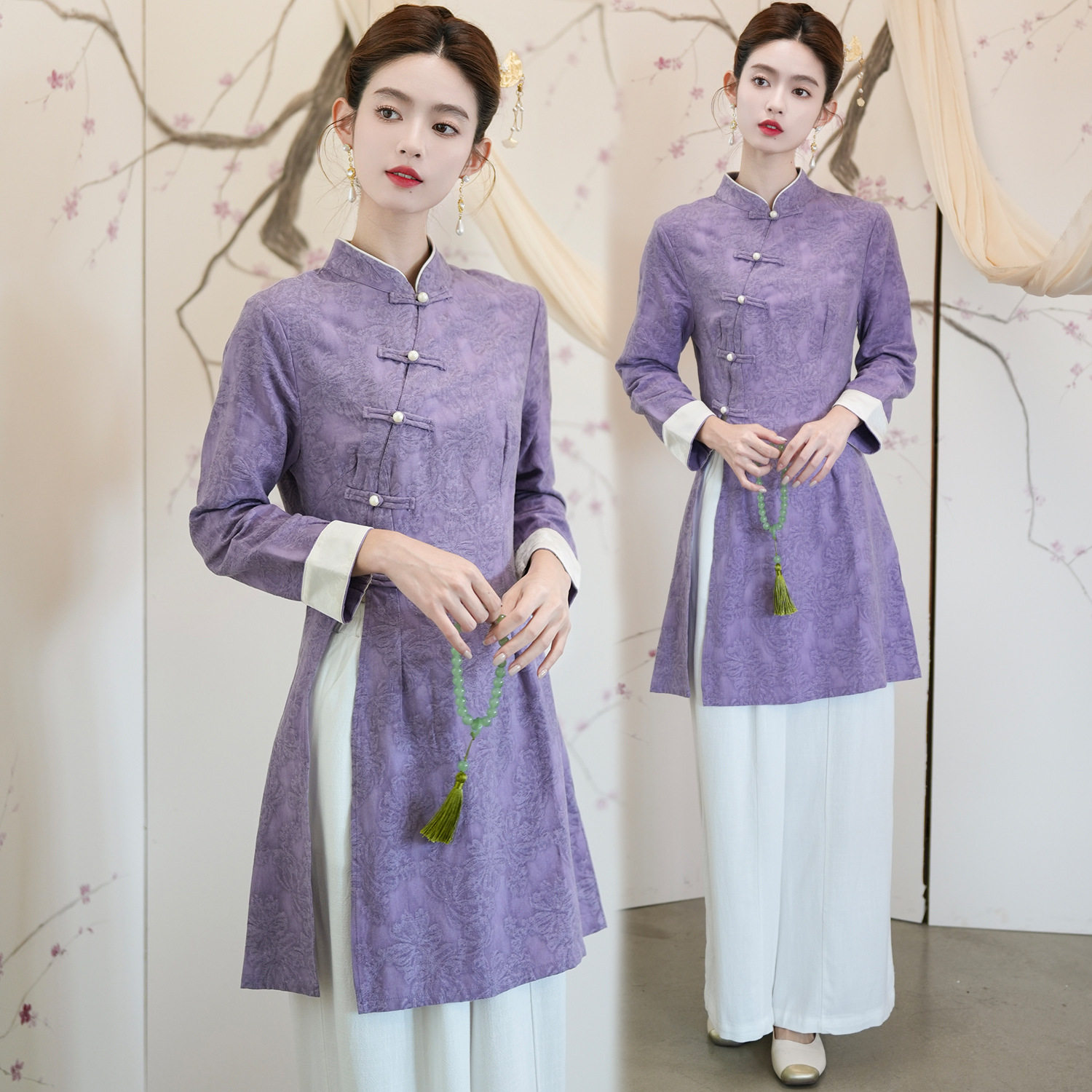 新中式国风立领长袖提花棉色改良女禅意茶服套装秋冬款美容养生服