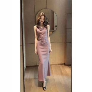 法式气质名媛高端轻奢高级感女神范长裙端庄大气粉色连衣裙夏季女