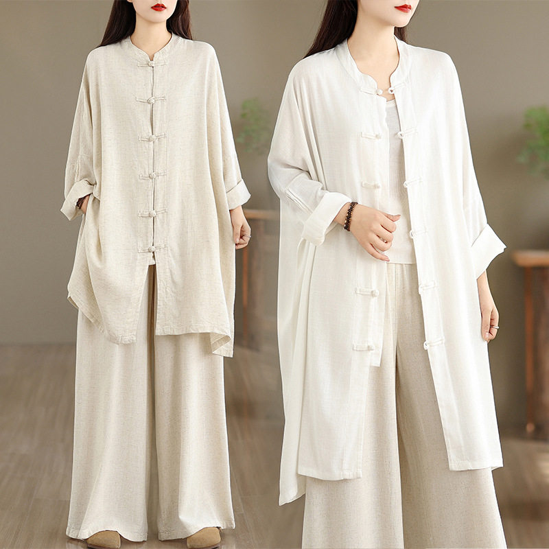 新款 春季复古衬衫宽松中长款长袖太极服上衣棉麻衬衣裙白色麻色