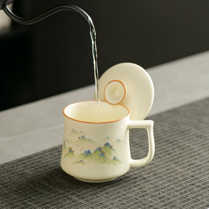 高档泡茶杯办公室家用陶瓷喝茶杯子带盖水杯马克杯送客户商务礼品