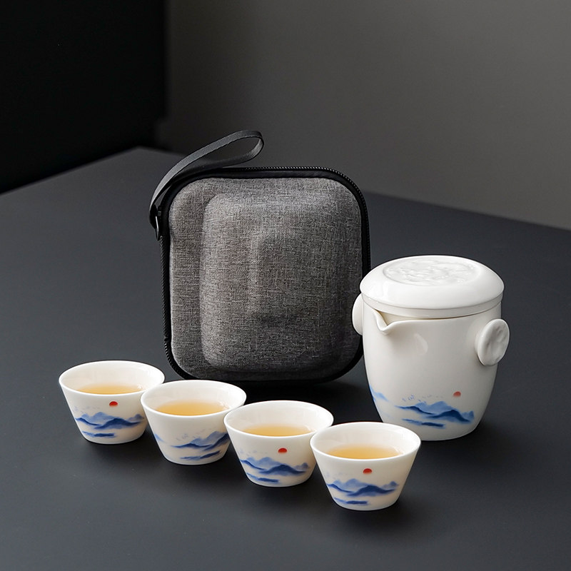 高档轻奢羊脂玉旅行茶具套装户外便携式车载泡茶壶车杯带收纳包,餐饮具,旅行茶具,淘宝优惠券,粉丝福利购,淘宝优惠卷